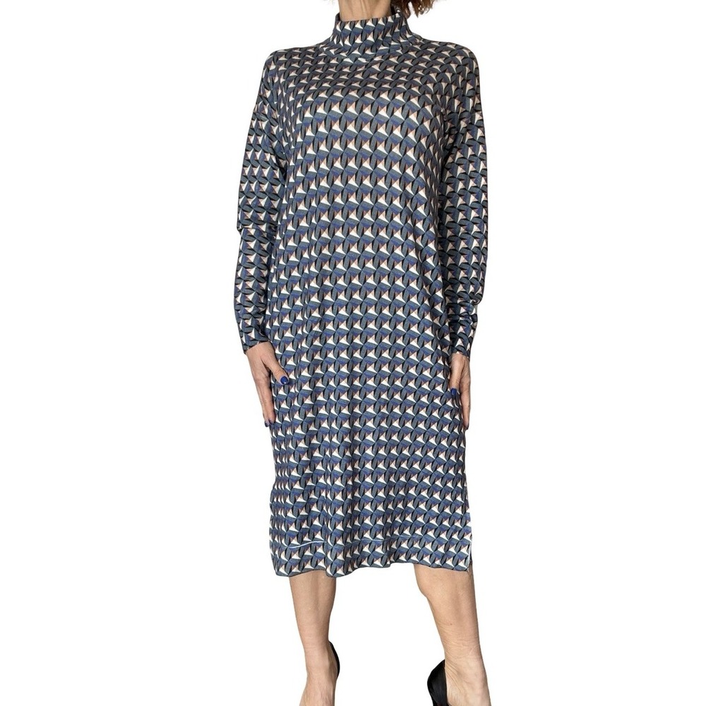 Sita Murt Geometric Wool Knit Sweater Dress Midi  Mock Neck Long Sleeve 42 US 10
